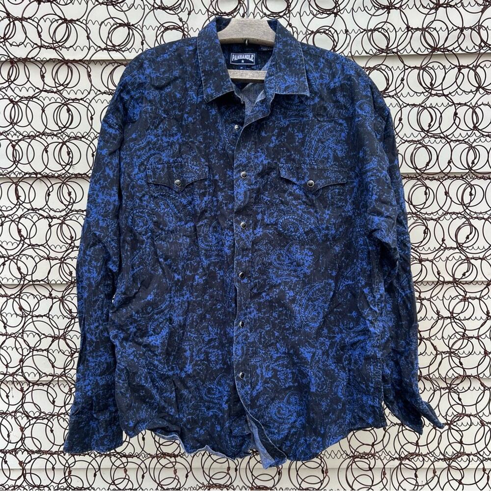 Vint 90s panhandle slim black navy blue paisley pearl snap cowboy western shirt